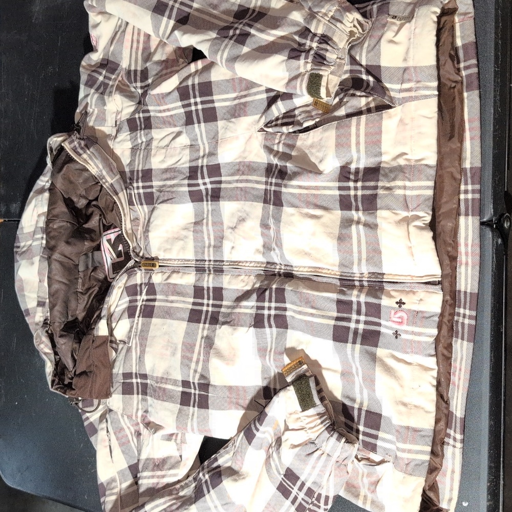 Women’s BURTON Medium Plaid Brown Cream & Pink hooded snowboarding jacket M
